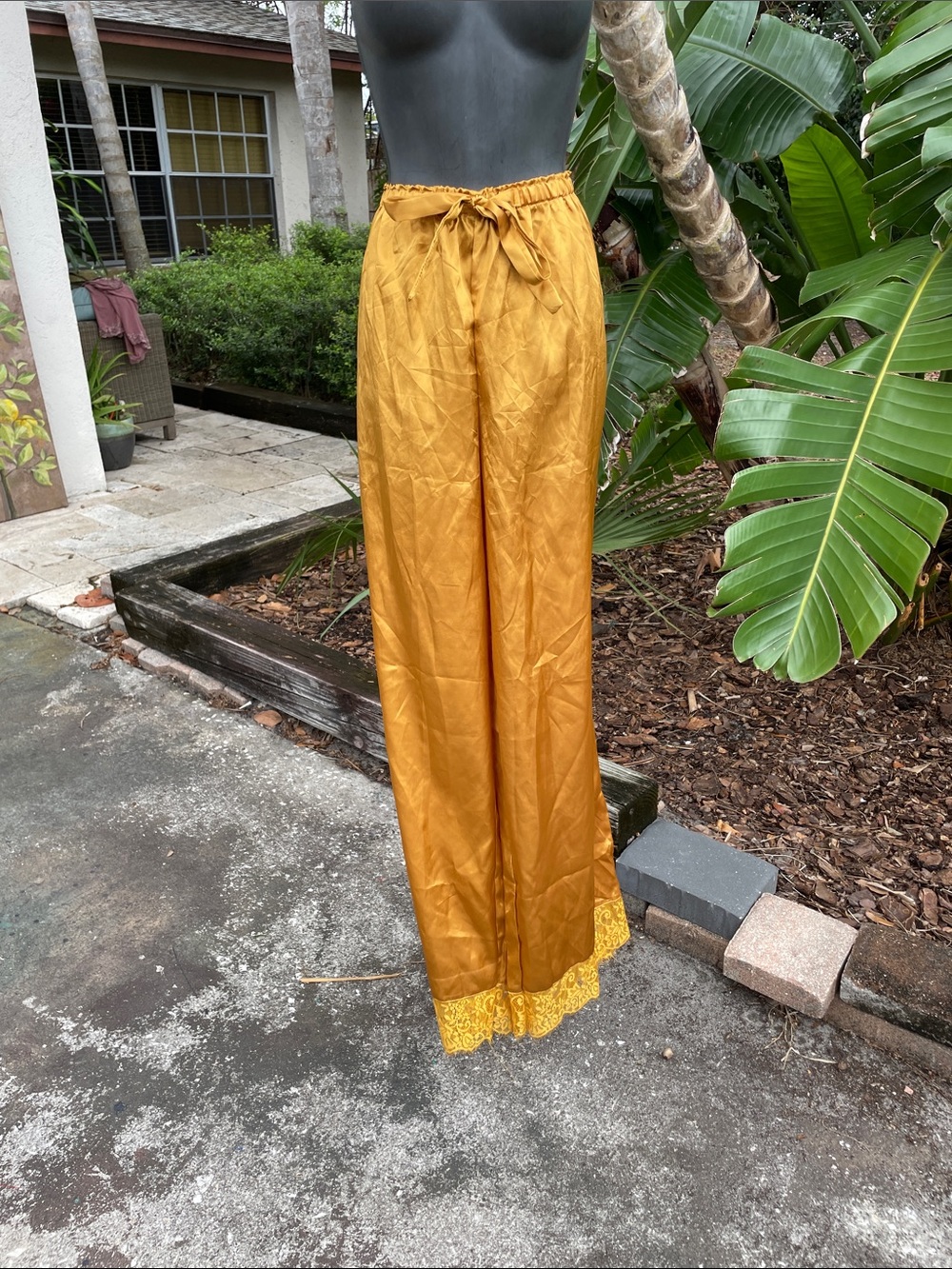 lace trim, gold satin wide leg pants